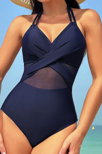 Crisscross Halter Neck One-Piece Swimwear.