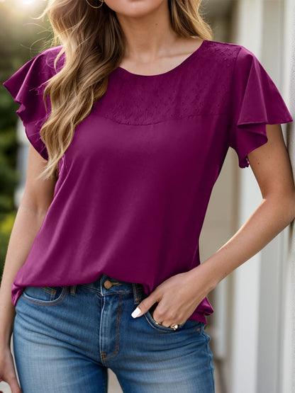 Full Size Ruffled Round Neck Short Sleeve Blouse.