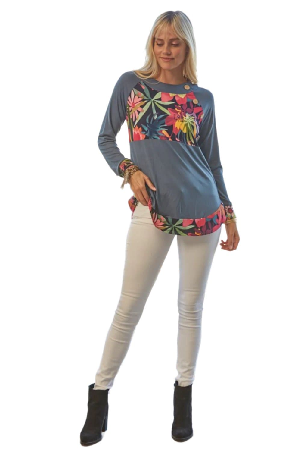 Celeste Full Size Tropical Print Long Sleeve T-Shirt.