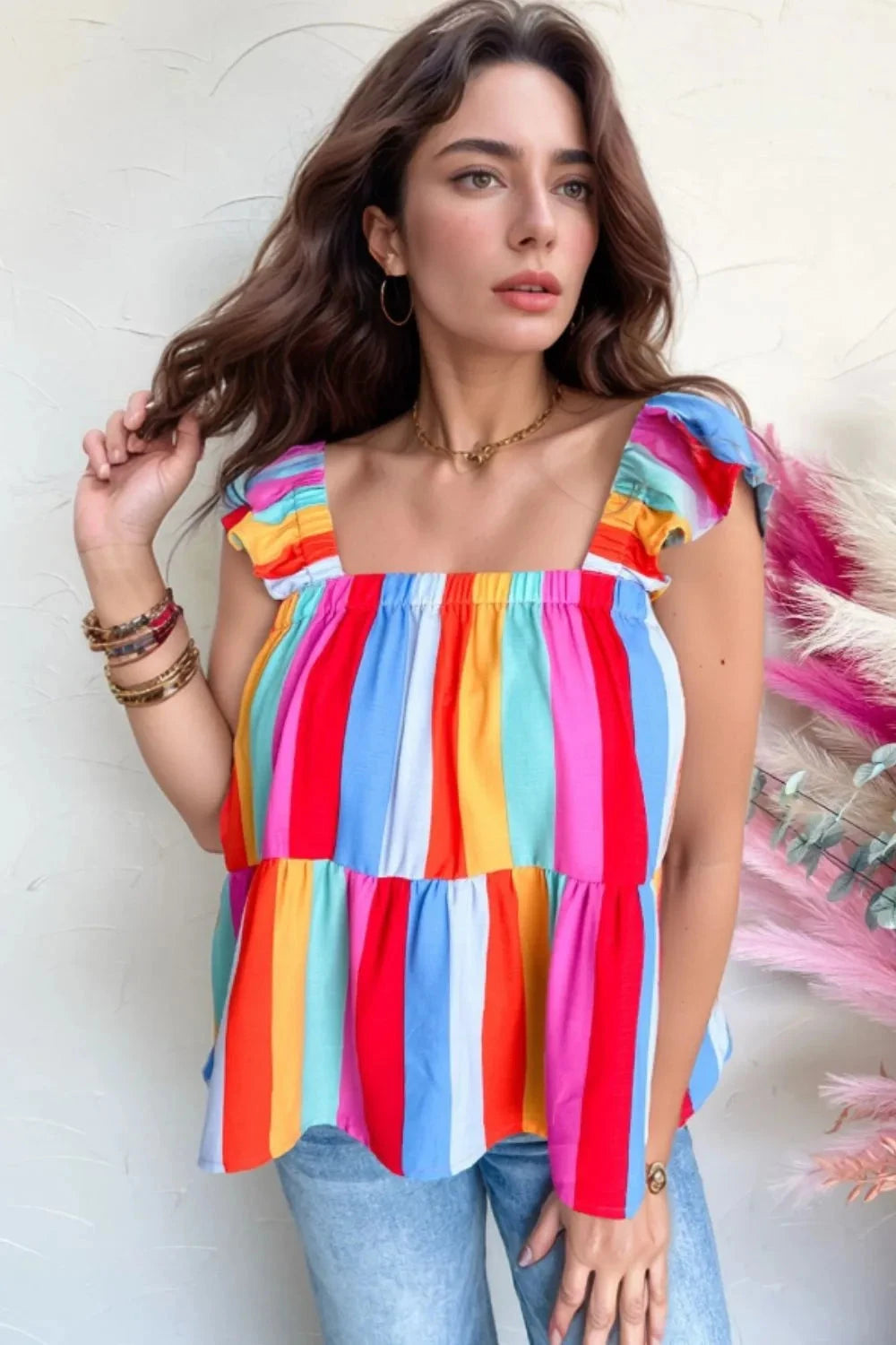 Stripe Ruffled Straps Babydoll Cami Simply Love