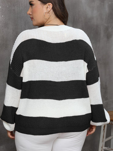 Chic plus size striped long sleeve sweater with round neck