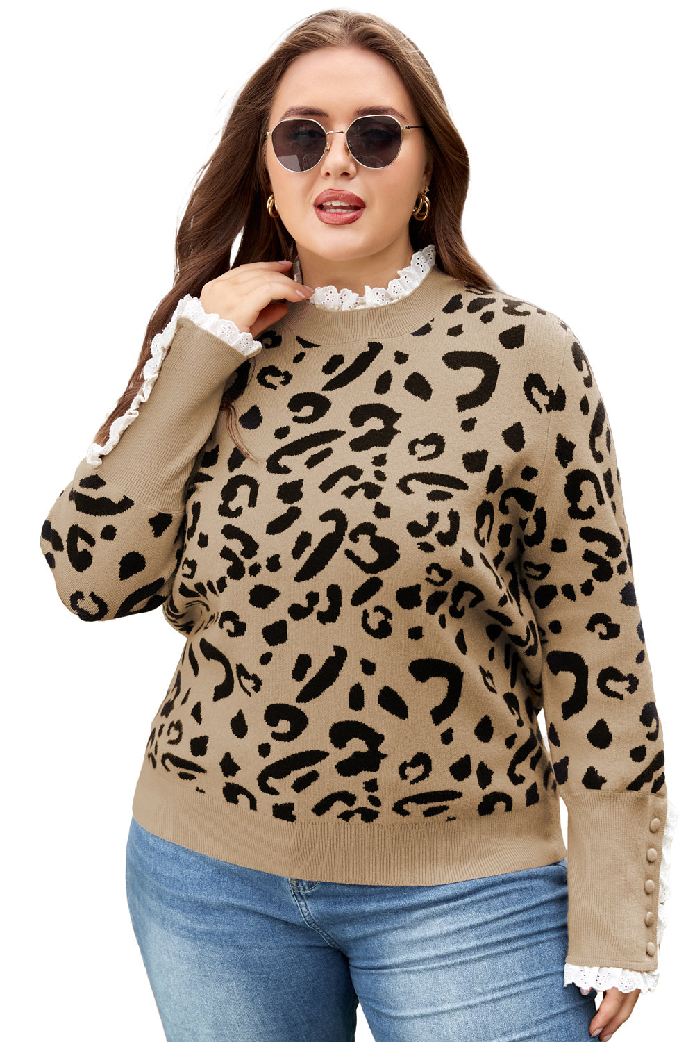 Dear-Lover Brown Leopard Knit Sweater Women's Plus Size Top Lace Trim Cuffed Dear-Lover Dropshipping