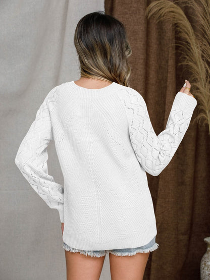 Openwork Round Neck Raglan Sleeve Sweater.