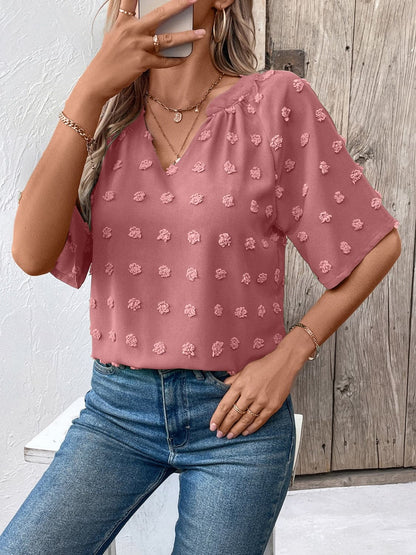 Swiss Dot Notched Half Sleeve Blouse.