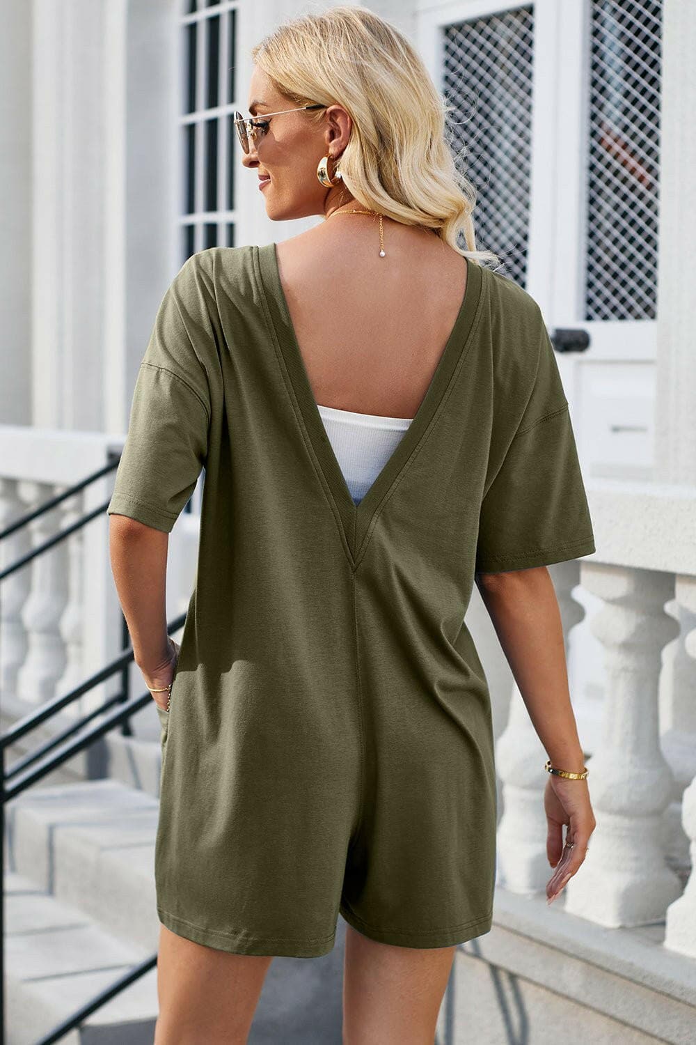 Backless Round Neck Half Sleeve Romper - Love Salve