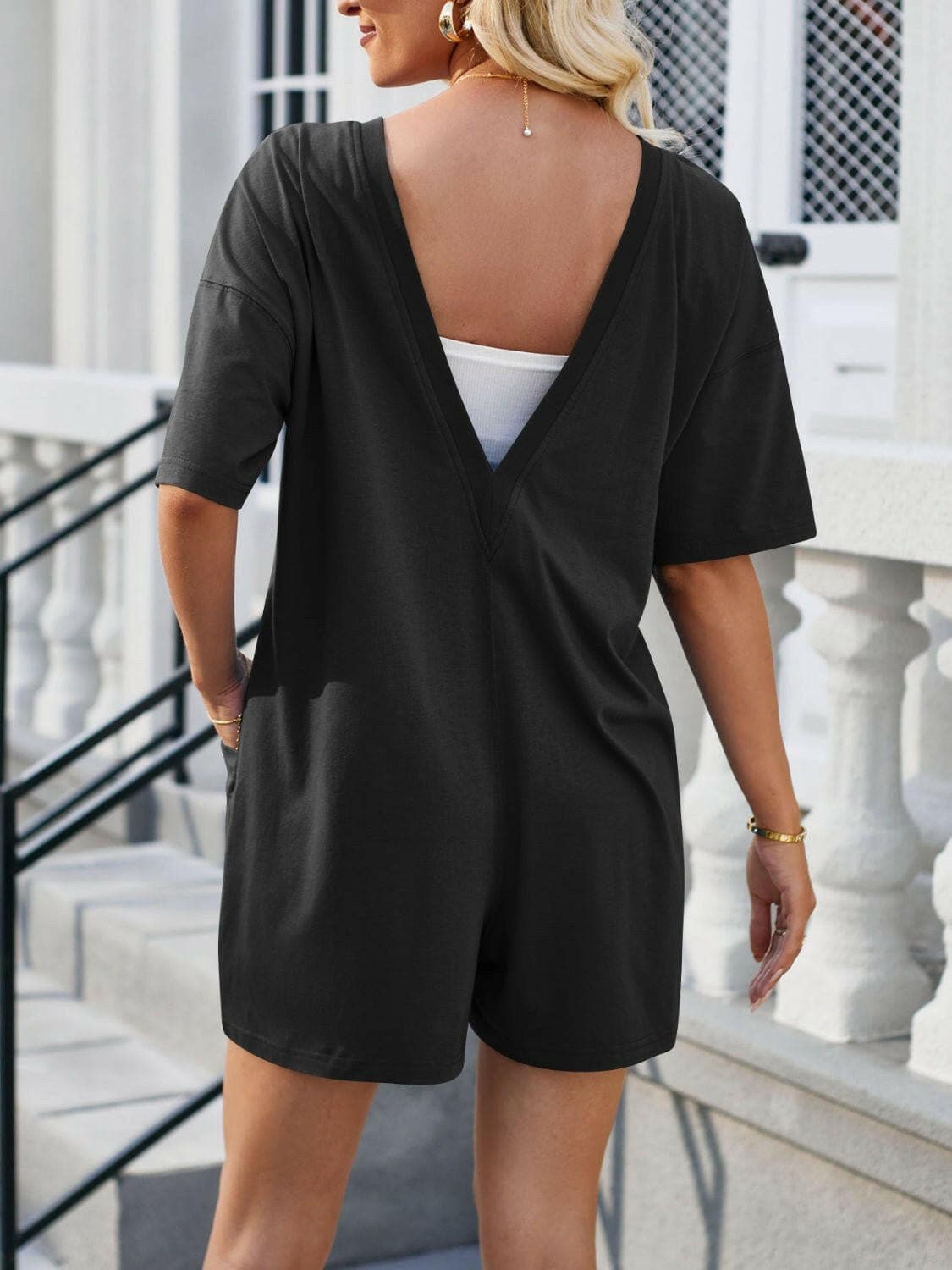 Backless Round Neck Half Sleeve Romper - Love Salve