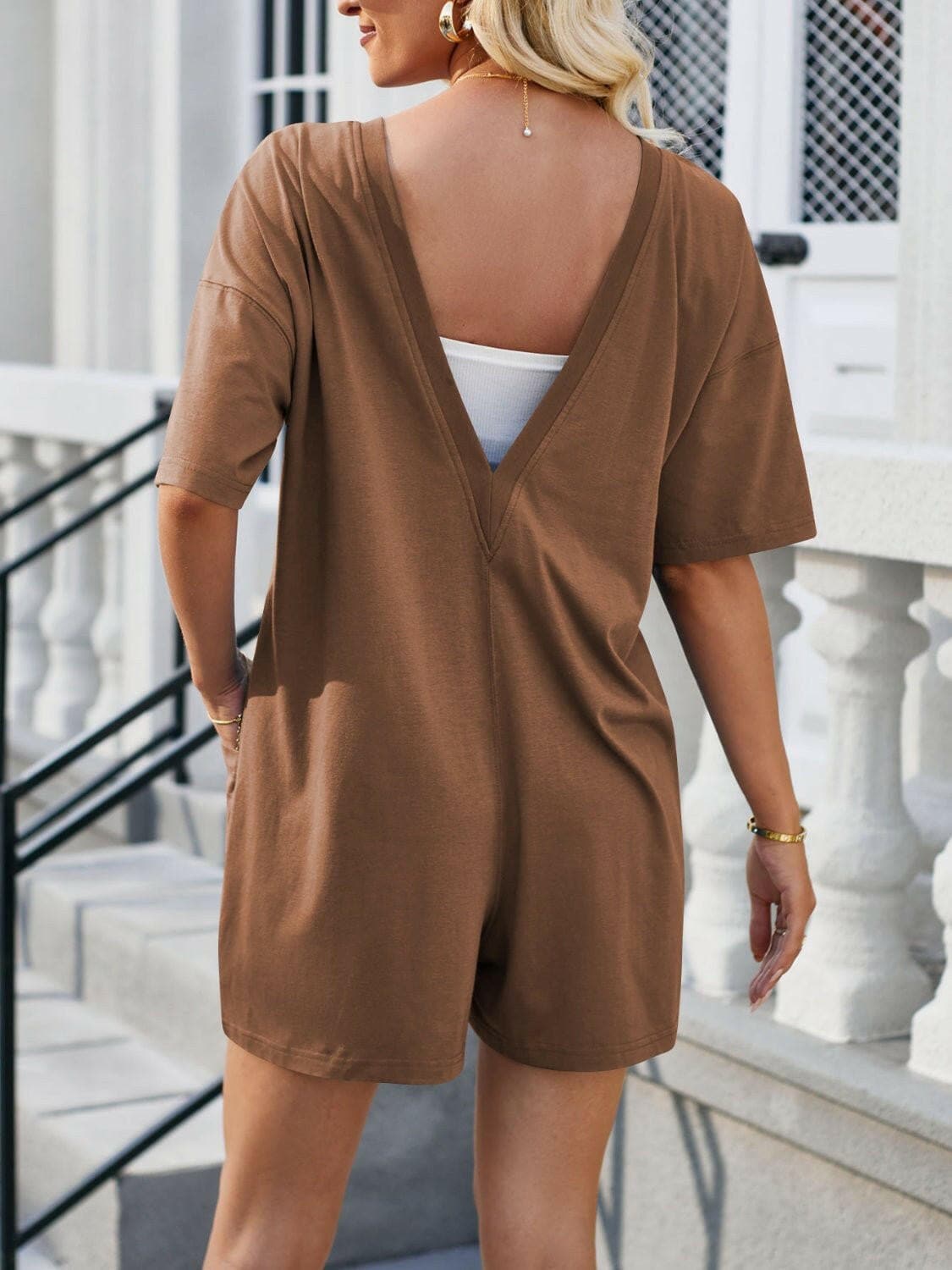 Backless Round Neck Half Sleeve Romper - Love Salve