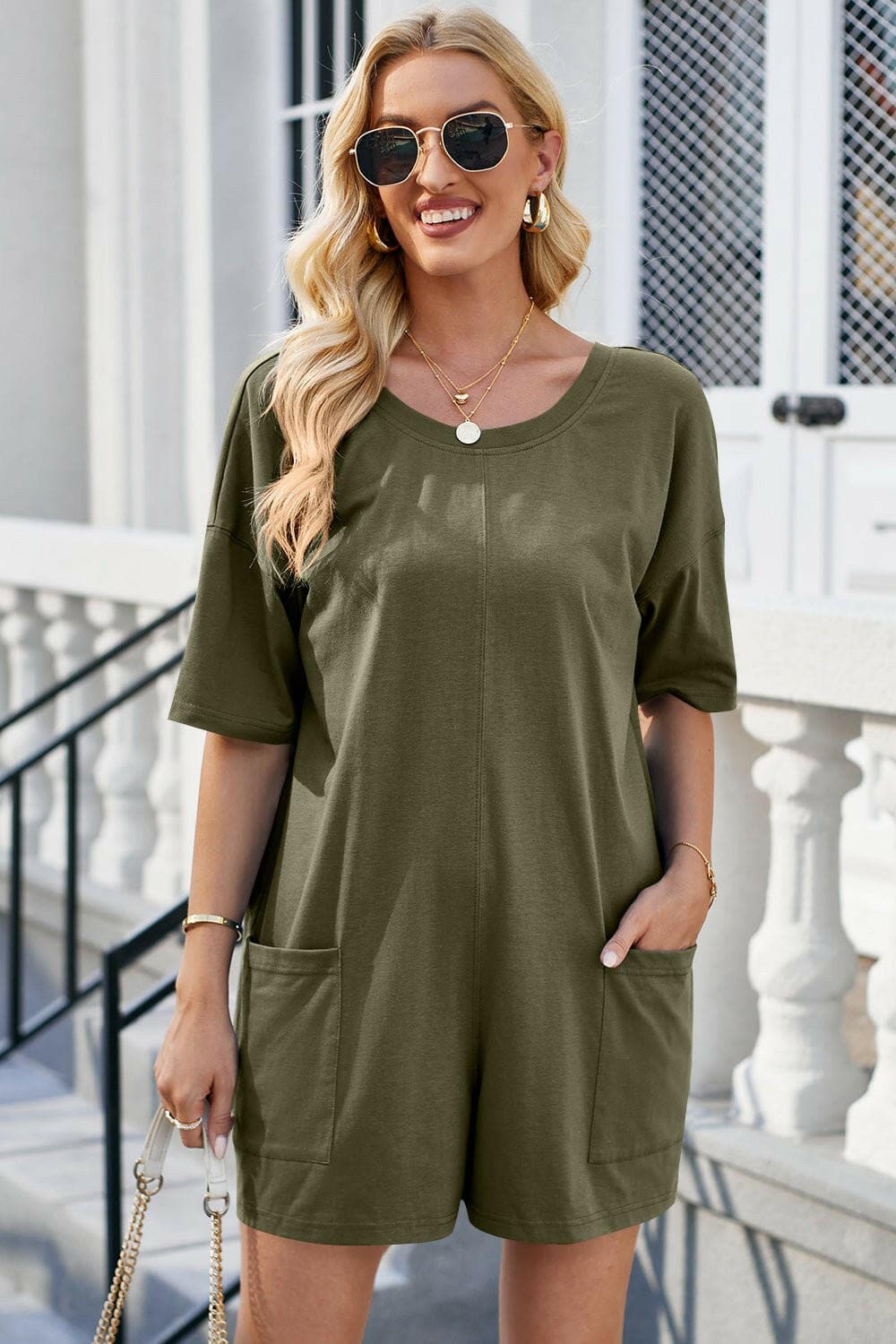 Backless Round Neck Half Sleeve Romper - Love Salve