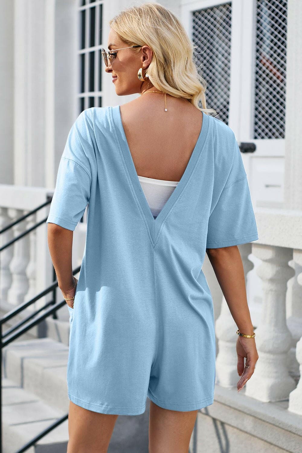 Backless Round Neck Half Sleeve Romper - Love Salve