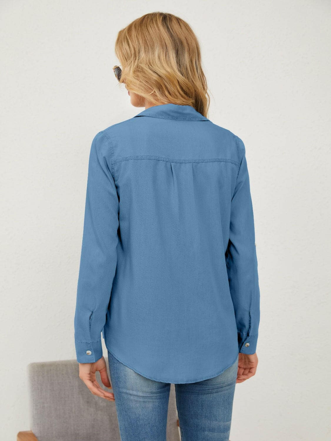 Denim Long Sleeve Shirt with Button-Up Pockets.