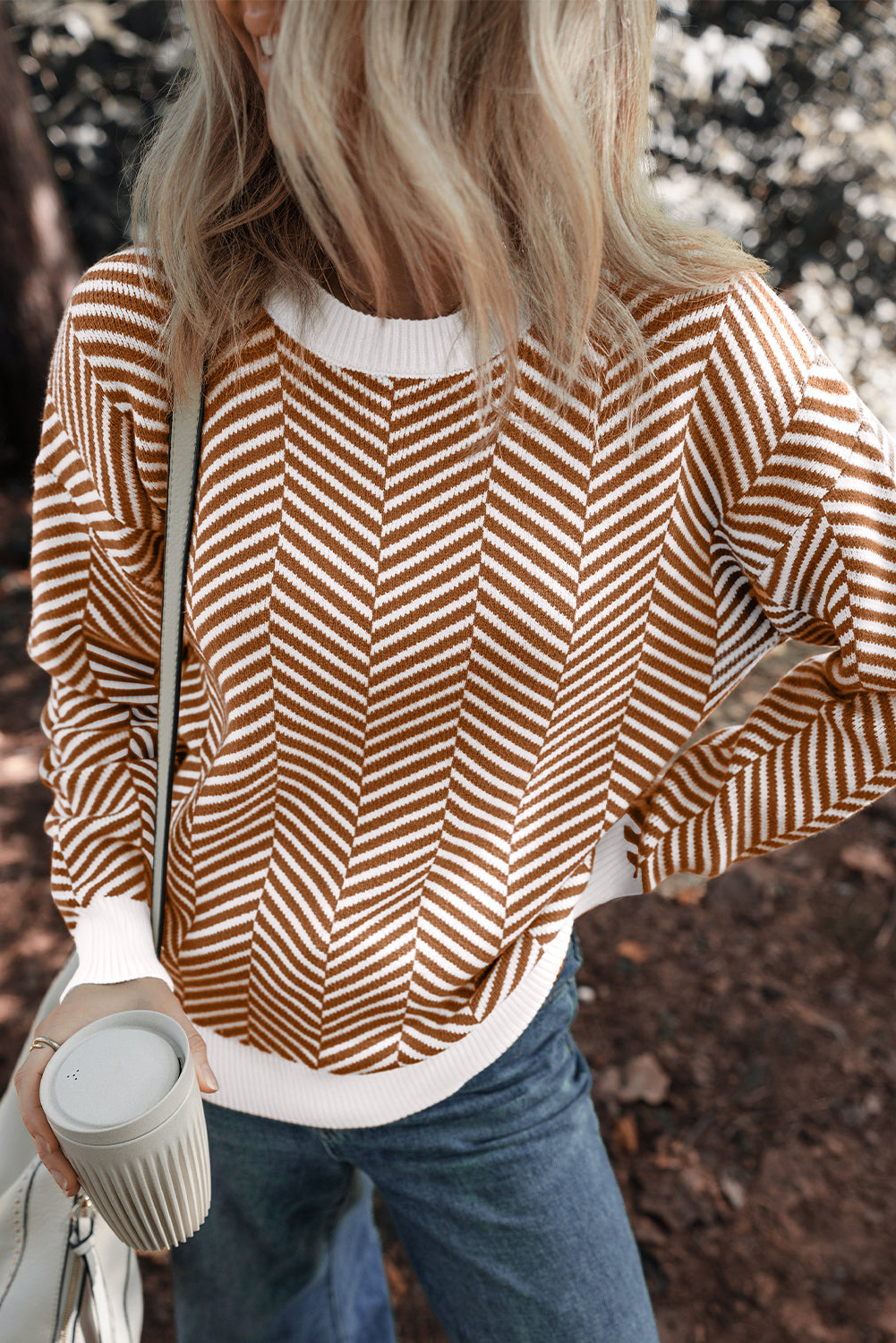 Coffee Contrast Edge Crew Neck Drop Shoulder Sweater Chic