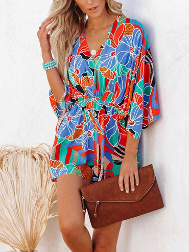 Tied Printed Kimono Sleeve Romper.