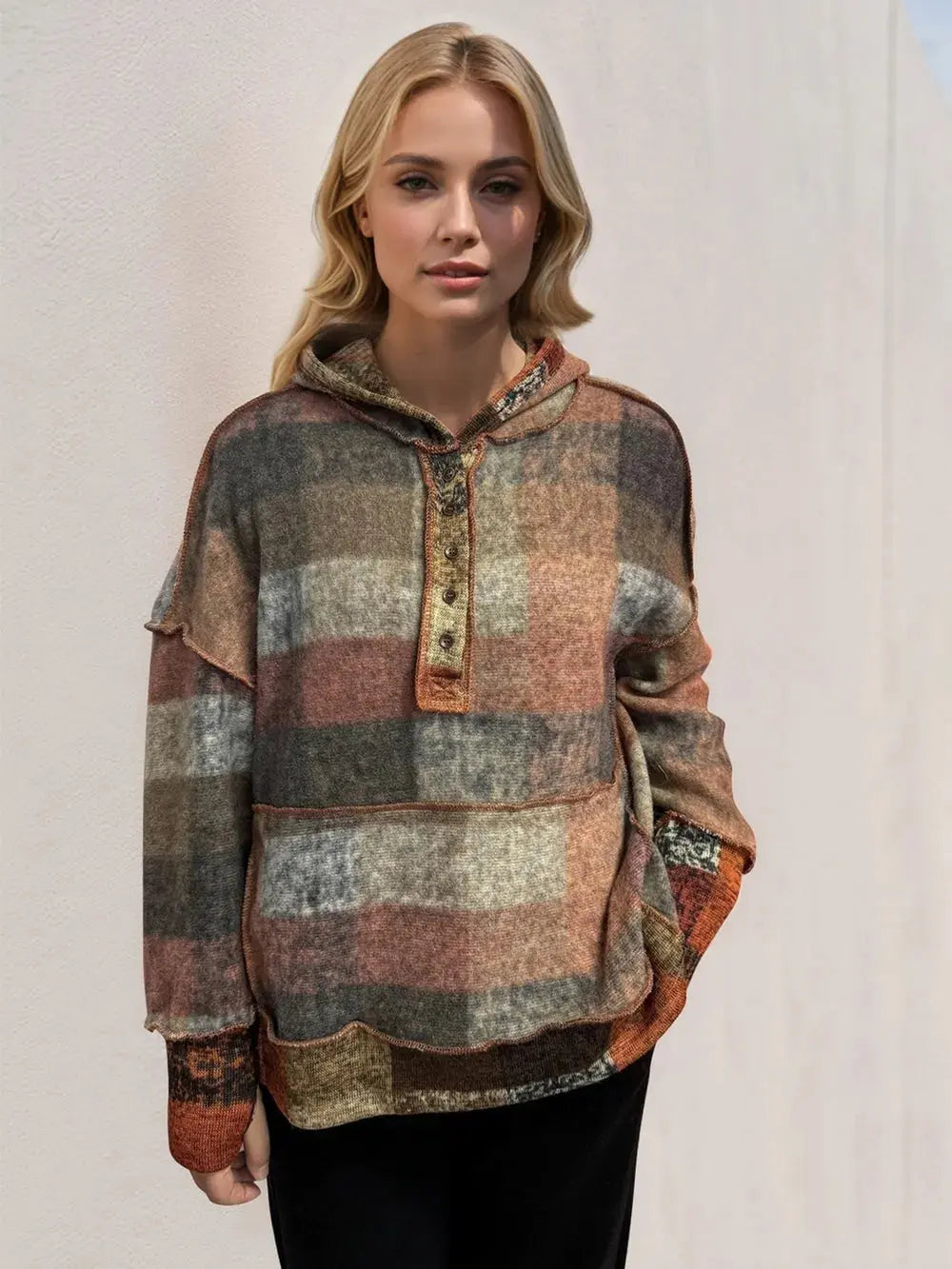 Double Take Full Size Plaid Dropped Shoulder Fleece Hoodie - Love Salve