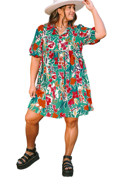 Sky Blue Plus Size Floral Puff Sleeve Babydoll Dress with Tie Neck Detail