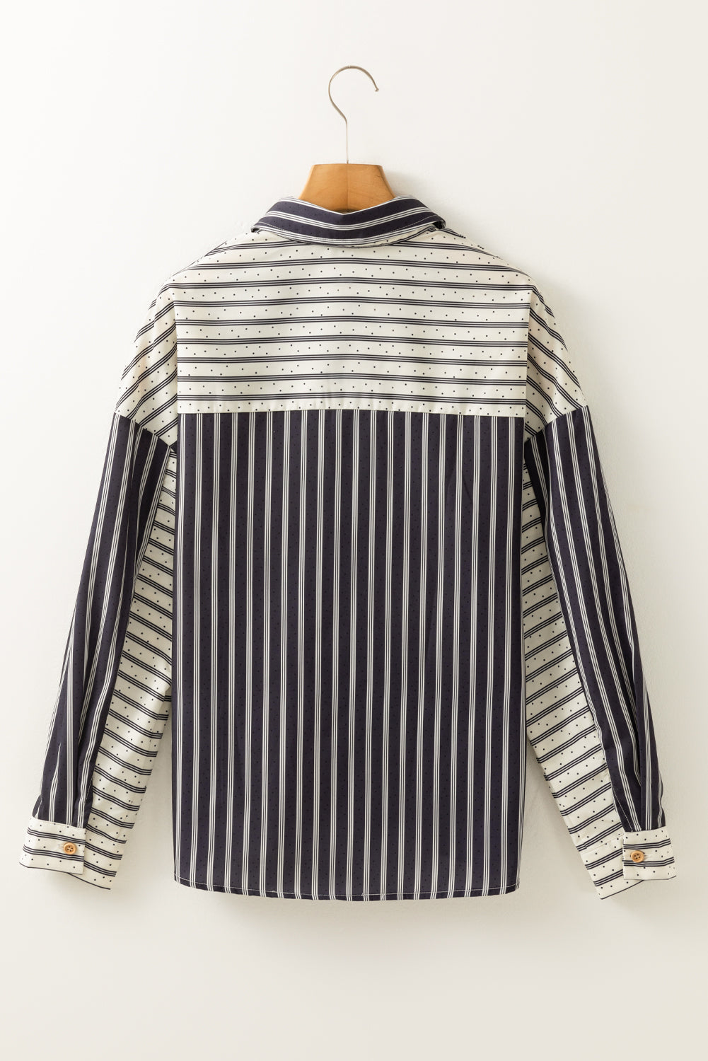 Black Stripe 2-tone Patchwork Half Buttons Chest Pockets Casual Blouse