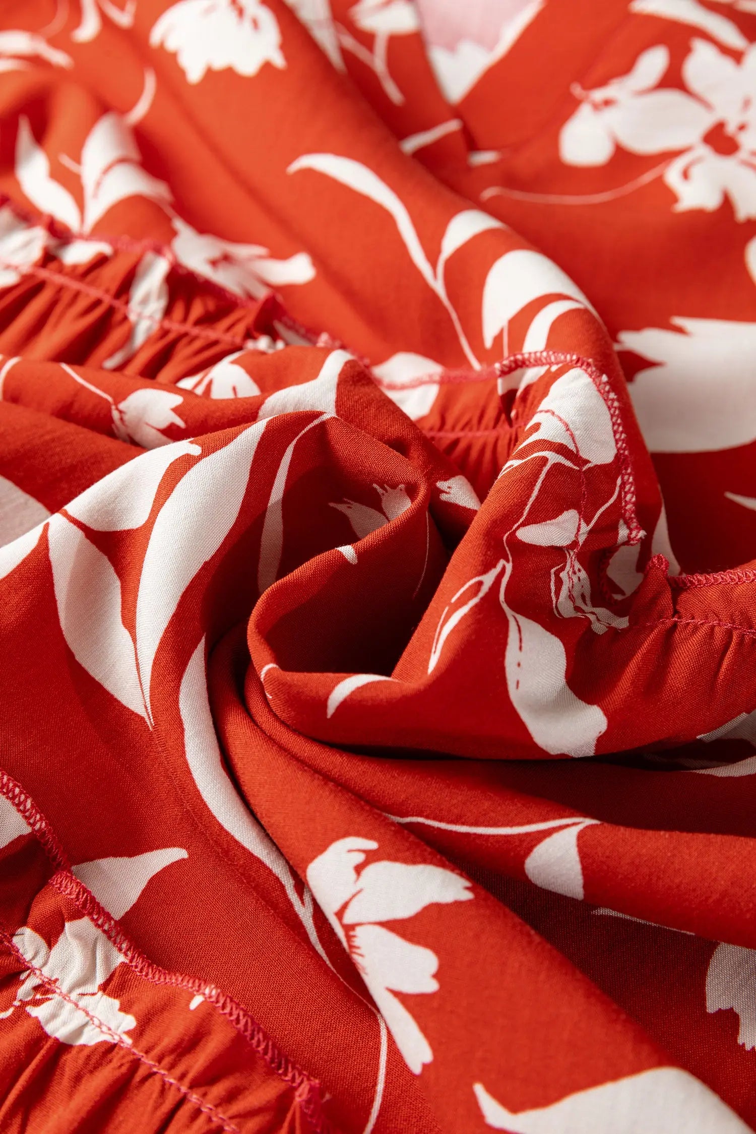 Red Boho Floral Print Lettuce Trim Mini Dress With Three Quarter Sleeves Dear-Lover Dropshipping