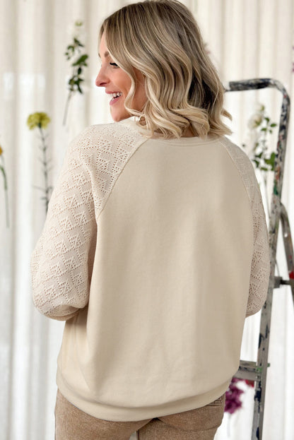 Chic parchment eyelet knit patchwork pullover with raglan sleeves