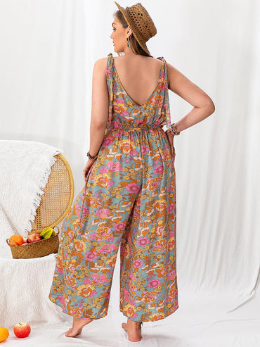 Plus Size Printed Wide Leg Sleeveless Jumpsuit.