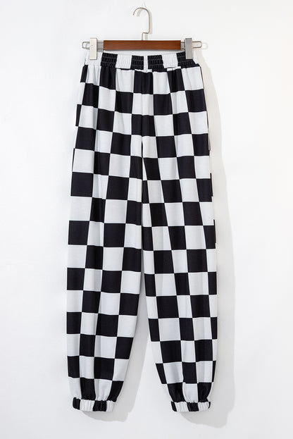 Black Checkerboard Elastic Waist Pocketed Joggers