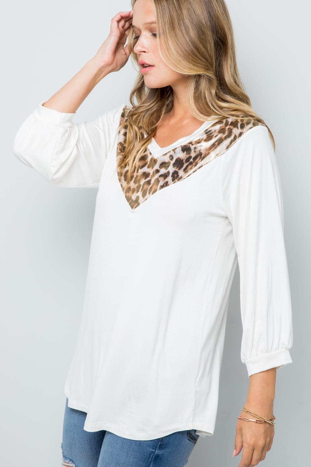 Celeste Full Size Leopard Contrast Balloon Sleeve Top.