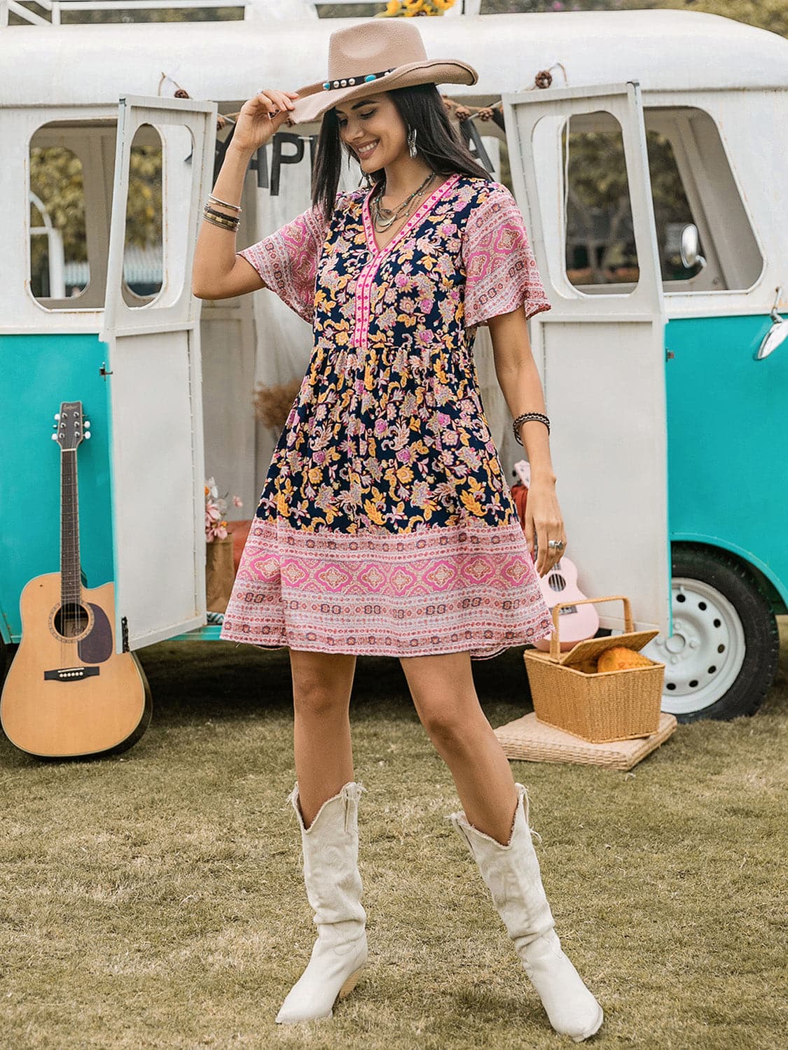 Printed V-Neck Short Sleeve Dress.