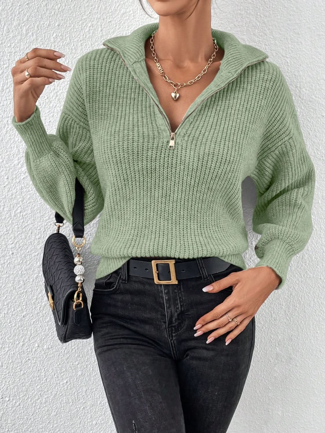 Cozy Honey Acrylic Half Zip Sweater with Dropped Shoulders