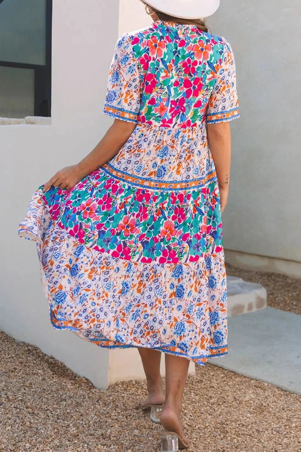 Mixed Floral Print Tie Neck Short Sleeve Dress Simply Love
