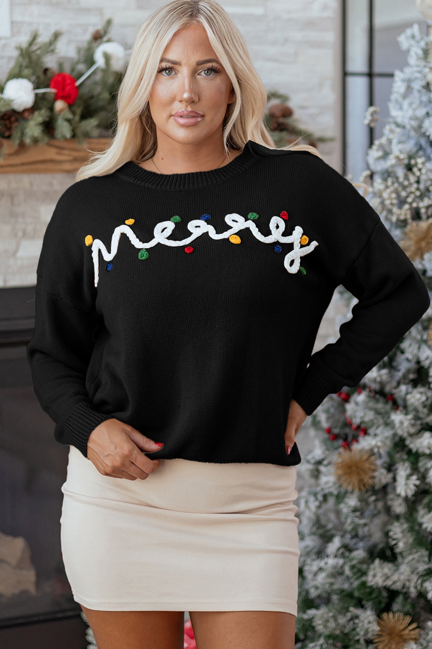 Black Merry Christmas Sweater With Colorful Dot Detail And Drop Shoulder Dear-Lover Dropshipping