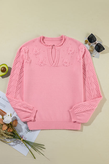 Peach blossom floral knitted sweater with notched neckline