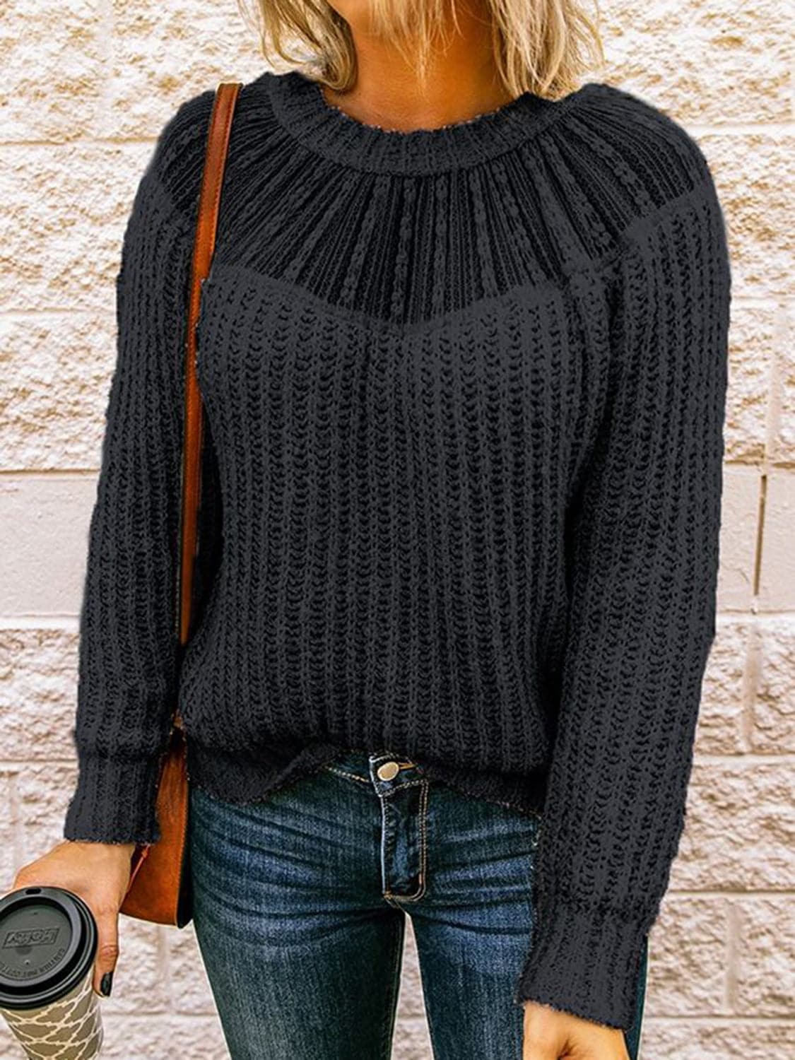 Round Neck Rib-Knit Sweater.