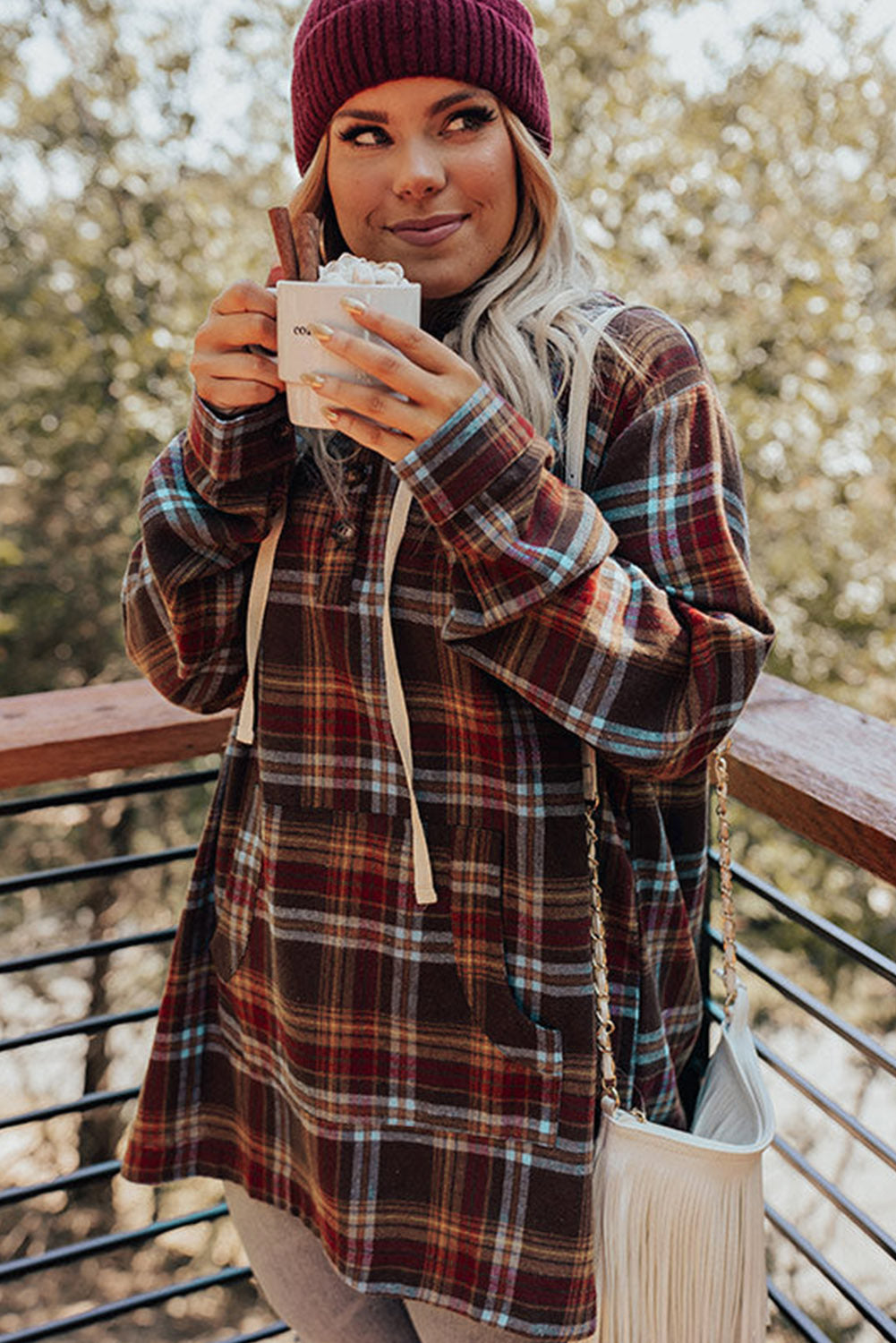 Chic fiery red plaid plus size hoodie with kangaroo pocket