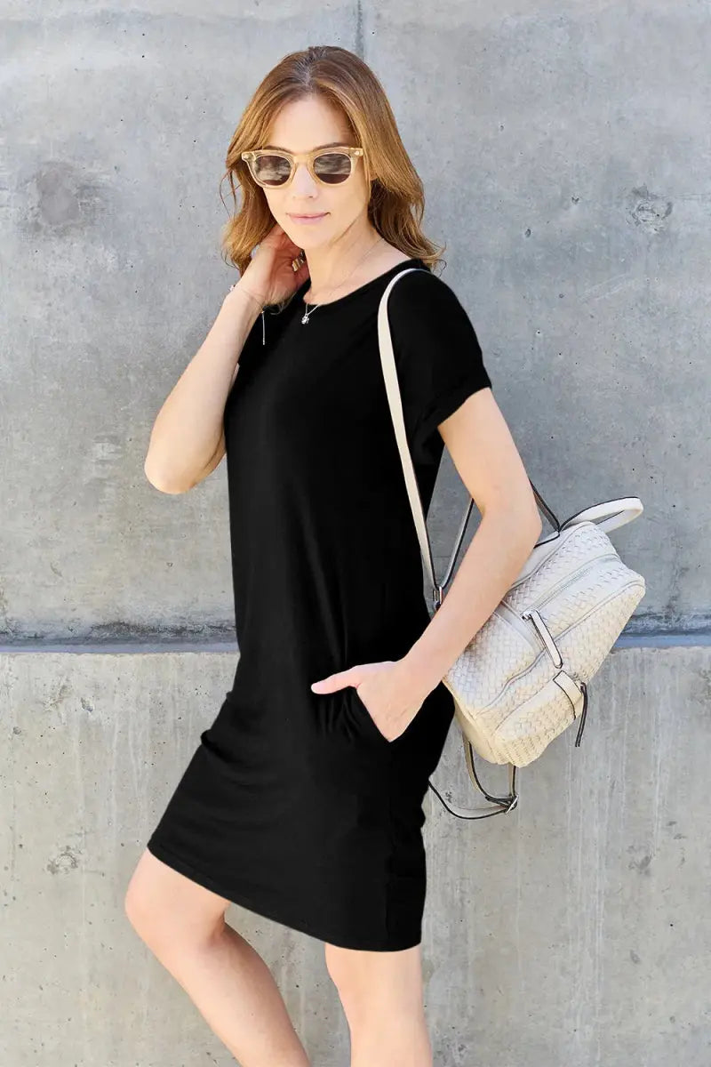 Basic Bae Bamboo Full Size Round Neck Dress with Pockets - Love Salve 