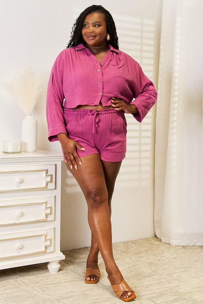 Basic Bae Buttoned Long Sleeve Top and Shorts Set - Love Salve