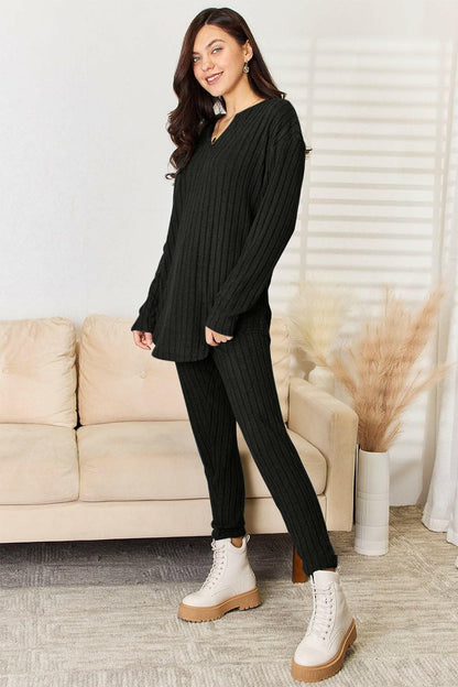 Basic Bae Full Size Notched Long Sleeve Top and Pants Set - Love Salve