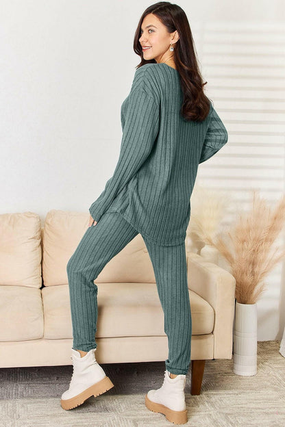 Basic Bae Full Size Notched Long Sleeve Top and Pants Set - Love Salve