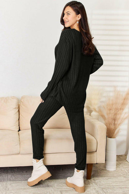 Basic Bae Full Size Notched Long Sleeve Top and Pants Set - Love Salve