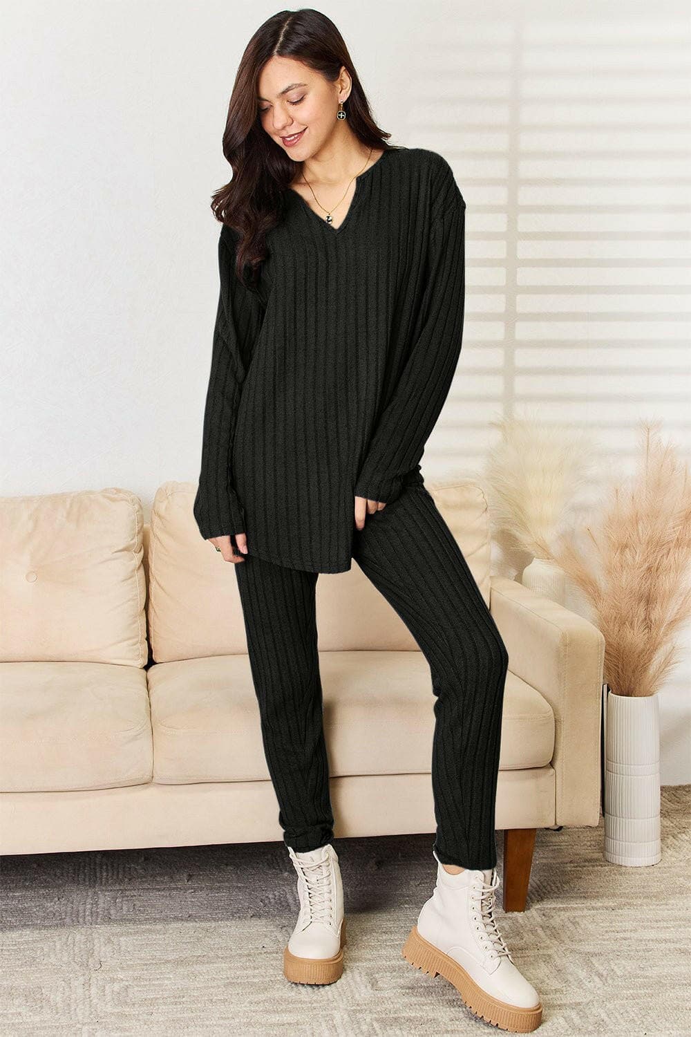 Basic Bae Full Size Notched Long Sleeve Top and Pants Set - Love Salve