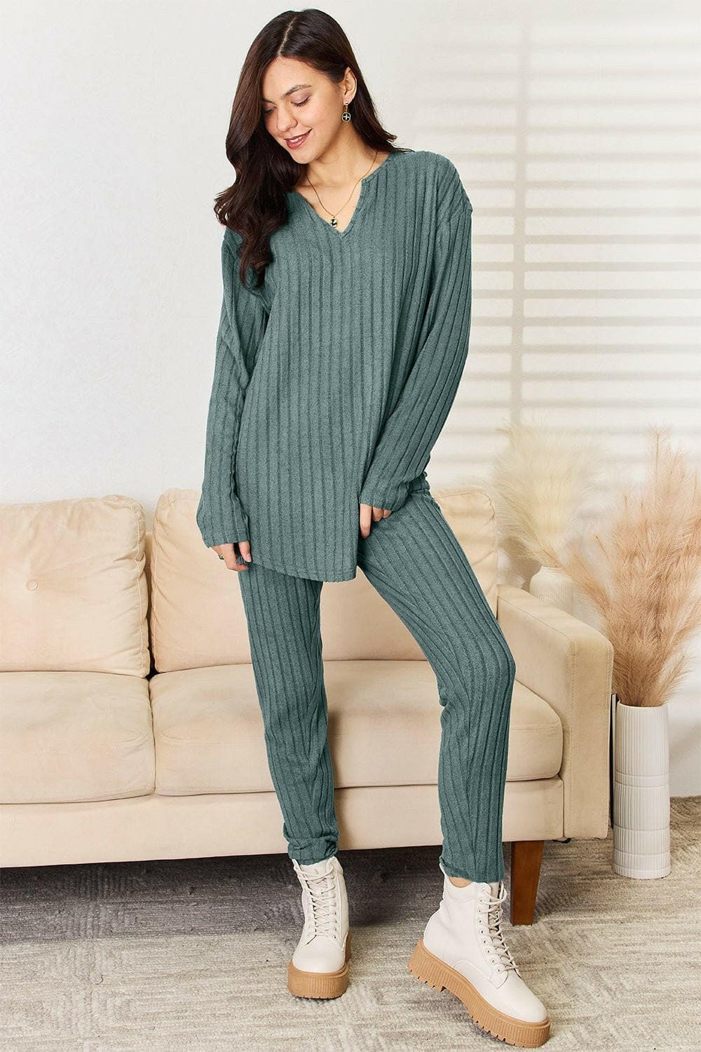 Basic Bae Full Size Notched Long Sleeve Top and Pants Set - Love Salve