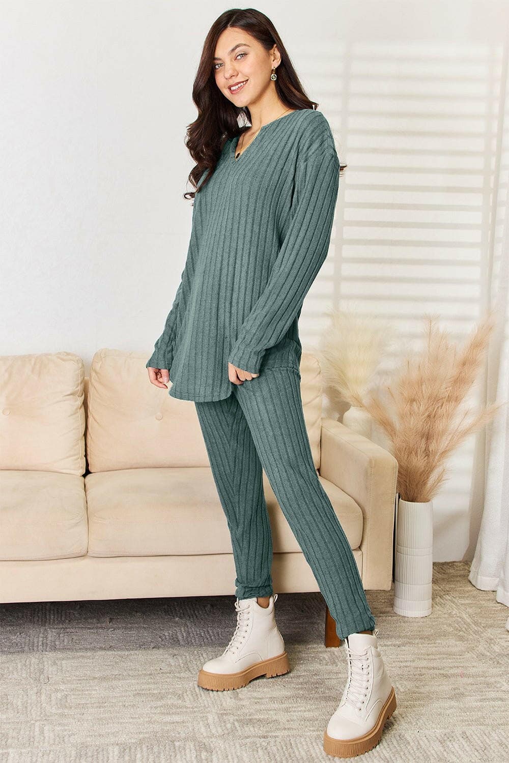 Basic Bae Full Size Notched Long Sleeve Top and Pants Set - Love Salve