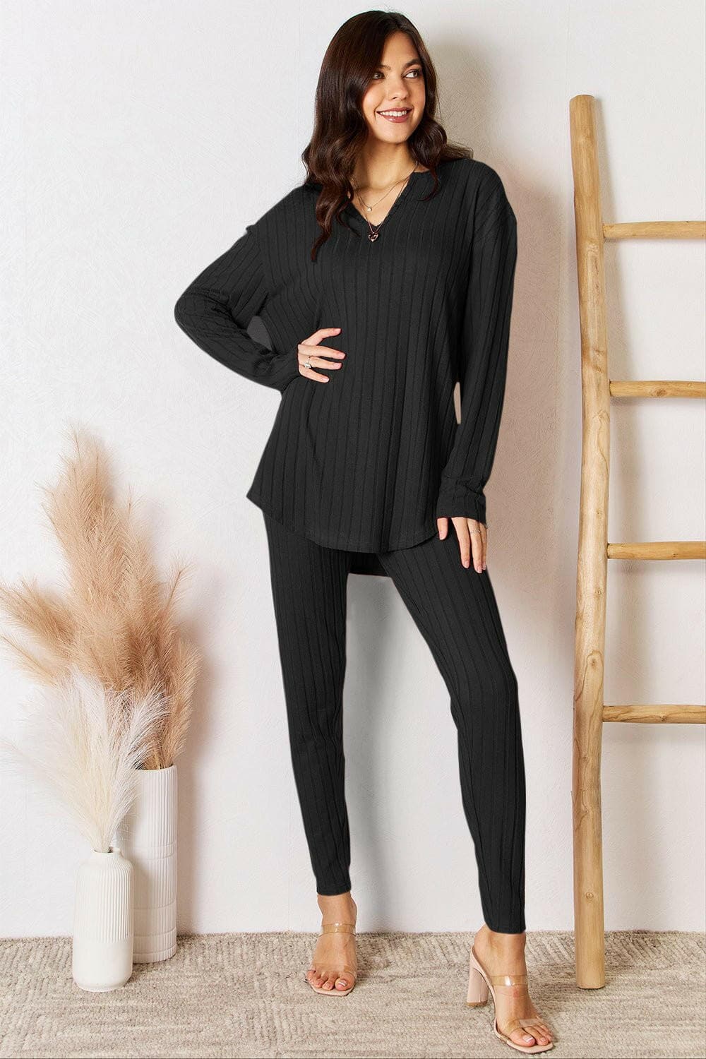 Basic Bae Full Size Notched Long Sleeve Top and Pants Set - Love Salve