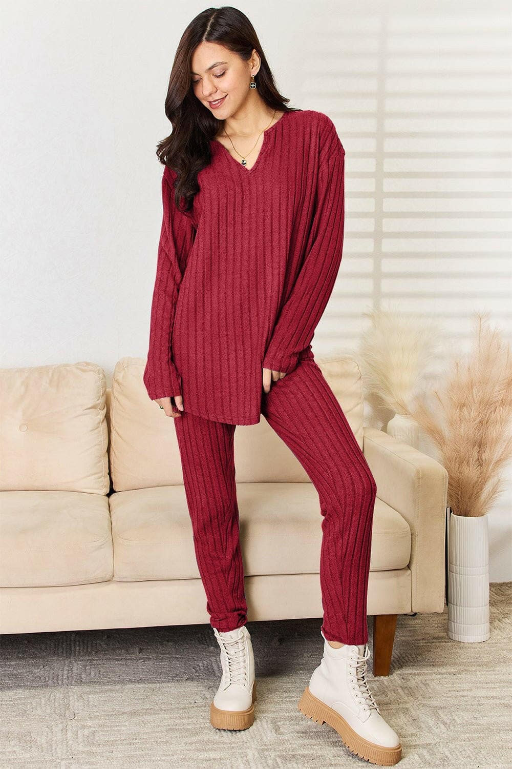 Basic Bae Full Size Notched Long Sleeve Top and Pants Set - Love Salve