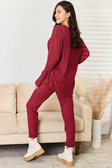 Basic Bae Full Size Notched Long Sleeve Top and Pants Set - Love Salve