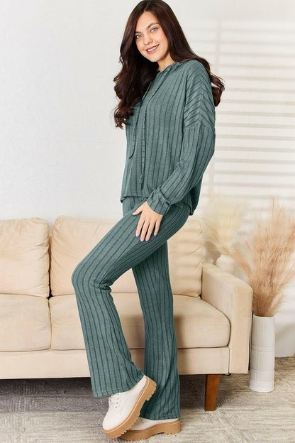 Basic Bae Full Size Ribbed Drawstring Hooded Top and Straight Pants Set - Love Salve