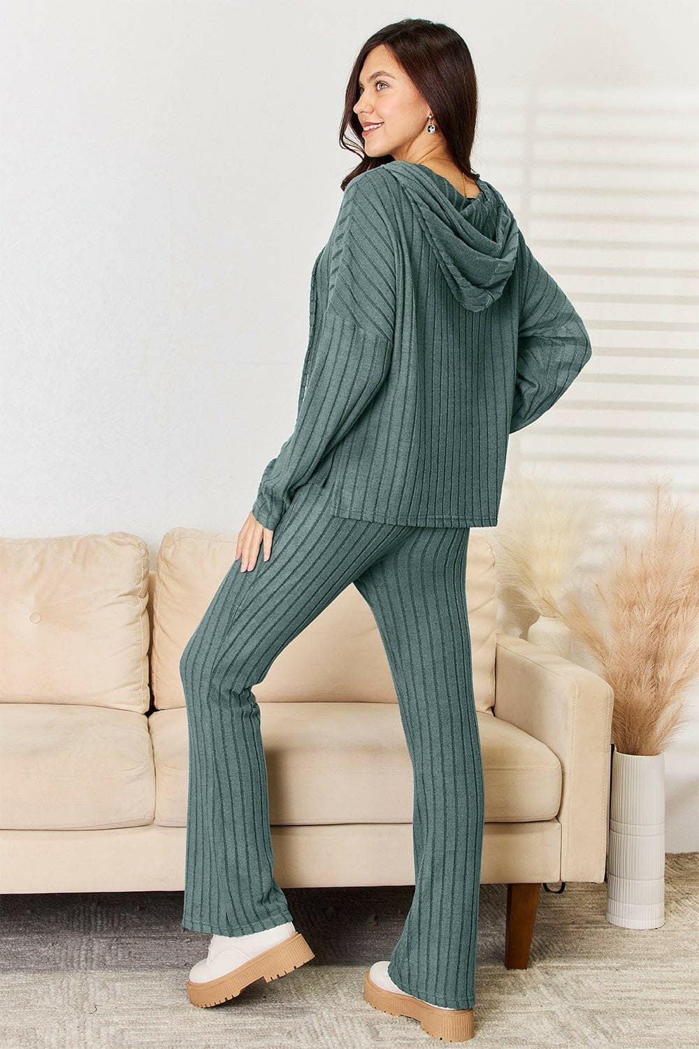 Basic Bae Full Size Ribbed Drawstring Hooded Top and Straight Pants Set - Love Salve