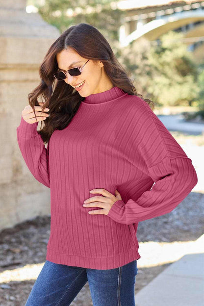 Basic Bae Full Size Ribbed Exposed Seam Mock Neck Knit Top - Love Salve