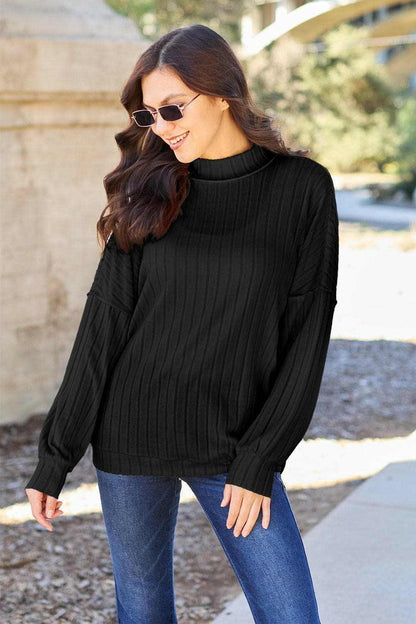 Basic Bae Full Size Ribbed Exposed Seam Mock Neck Knit Top - Love Salve