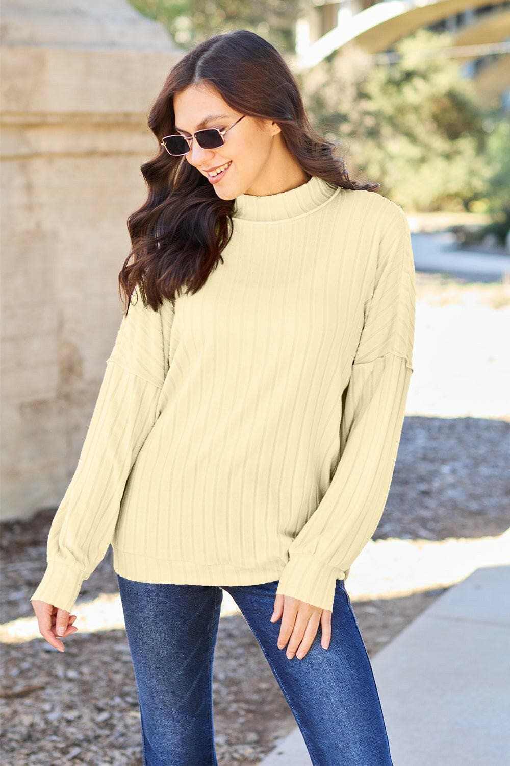 Basic Bae Full Size Ribbed Exposed Seam Mock Neck Knit Top - Love Salve