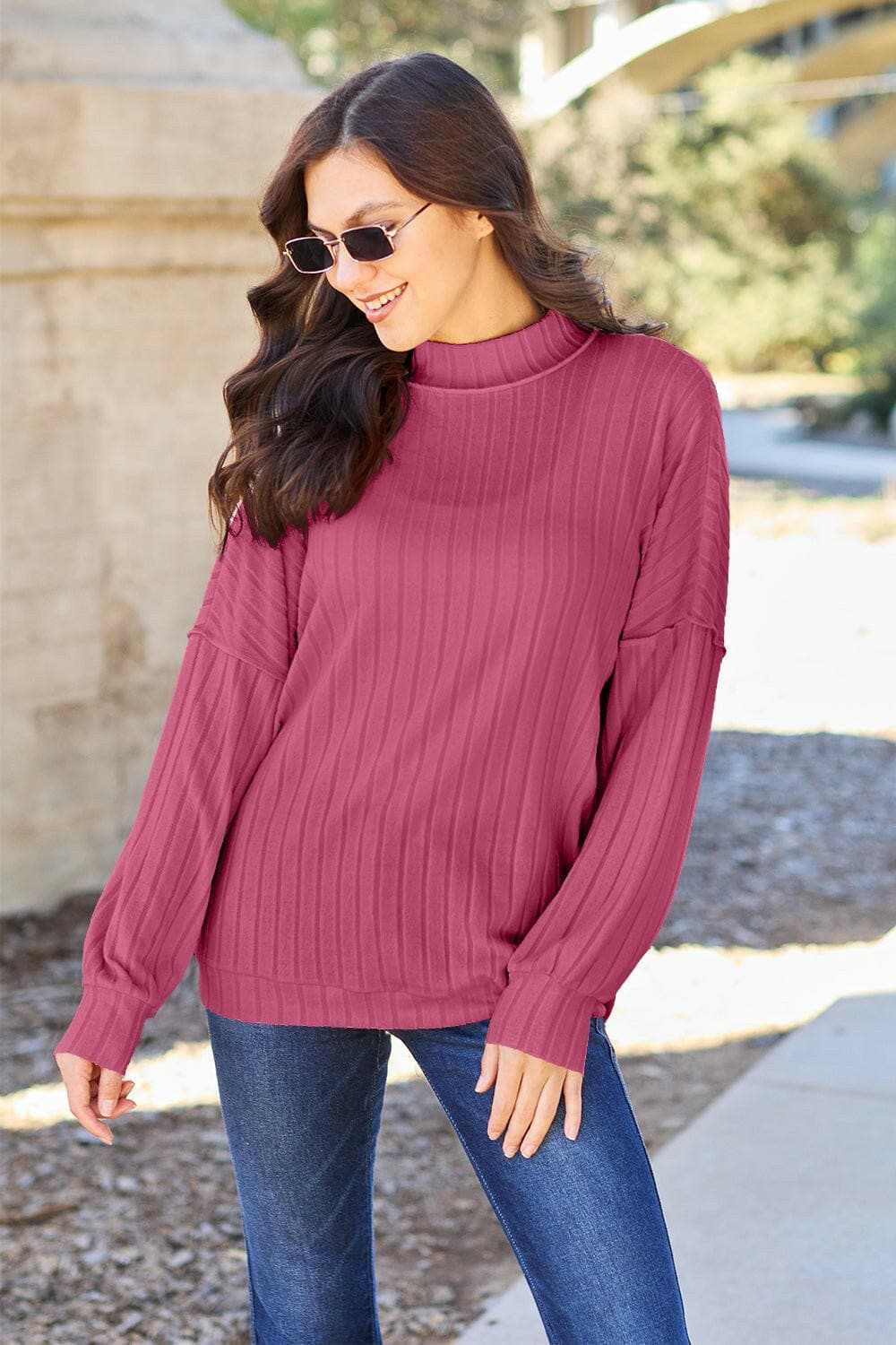 Basic Bae Full Size Ribbed Exposed Seam Mock Neck Knit Top - Love Salve