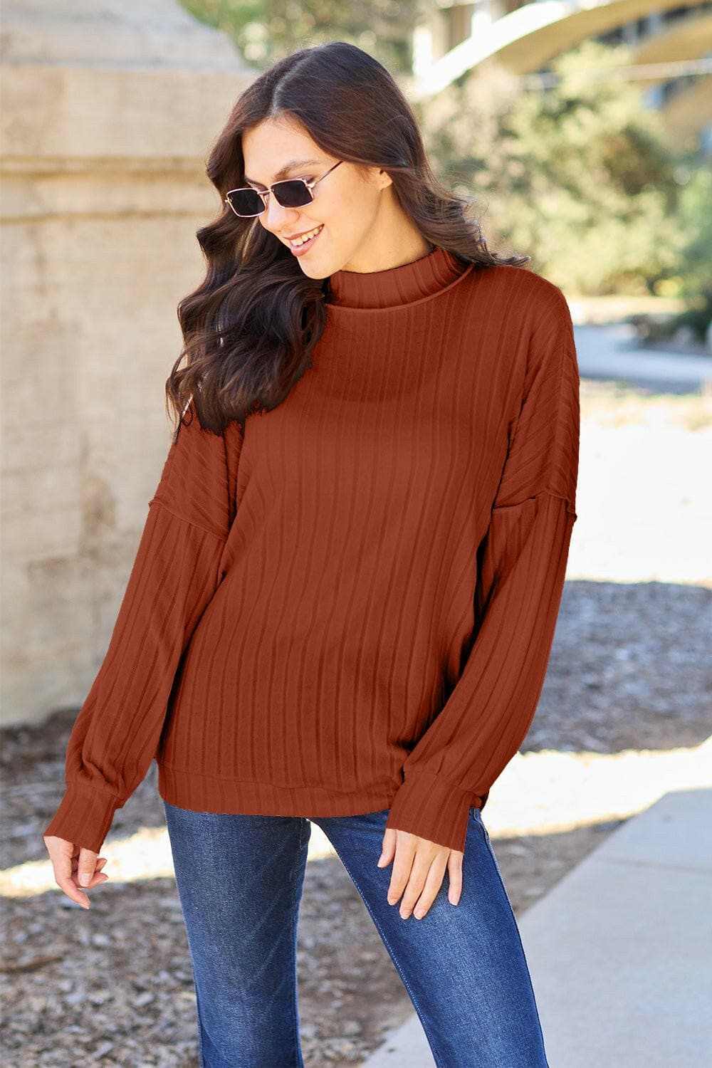 Basic Bae Full Size Ribbed Exposed Seam Mock Neck Knit Top - Love Salve