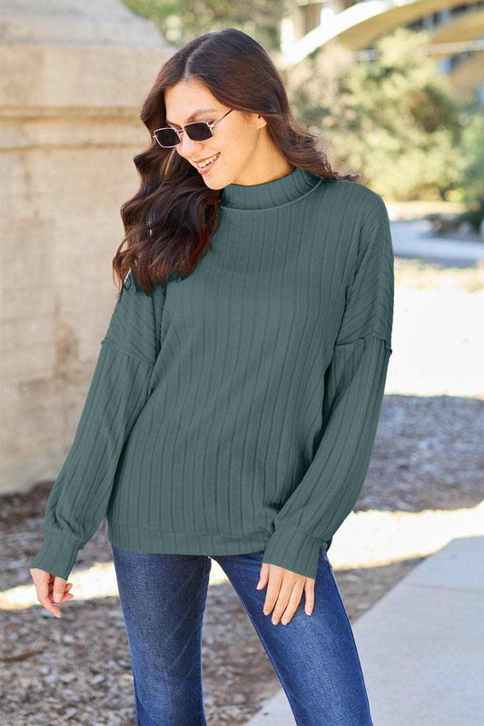 Chic ribbed mock neck top – exposed seams - Love Salve 